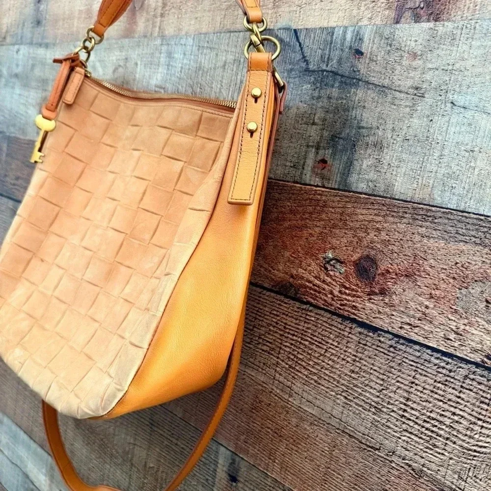 Fossil Jolie Leather Embossed Woven Tan Hobo/Crossbody Bag